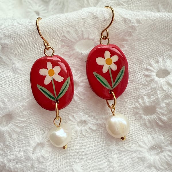 White Floral Red Oval Pearl Drop Earrings - FREE SHIPPING