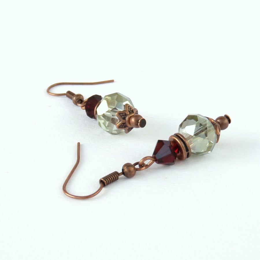 Crystal and copper earrings, with delicate olive green and red crystal