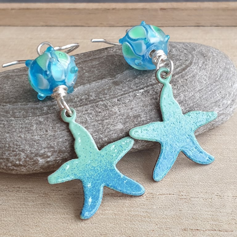 Enamel starfish earrings, Green and Blue, Ocean inspired jewellery