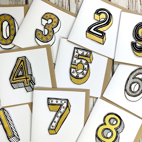 Personalised Birthday Card. Handmade Greetings Card. Numbers Age 1, 2, 3, 4