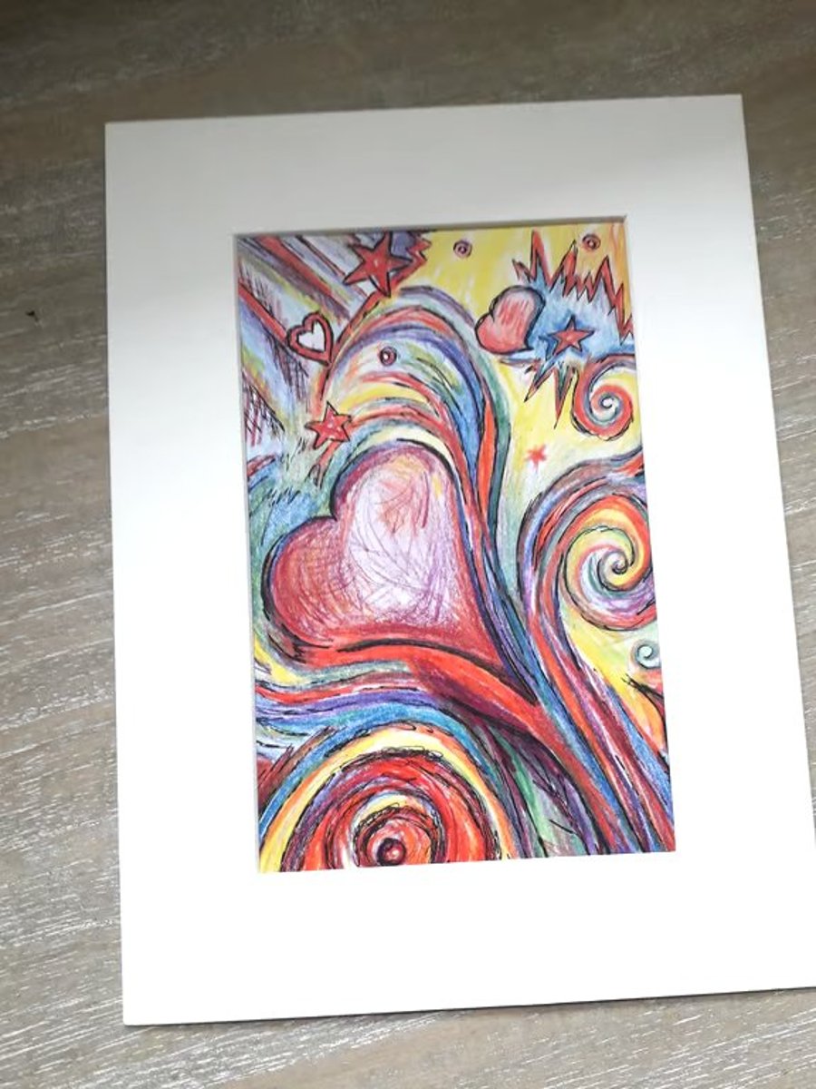 Surreal love hearts and stars, color pencil & pen drawing.  
