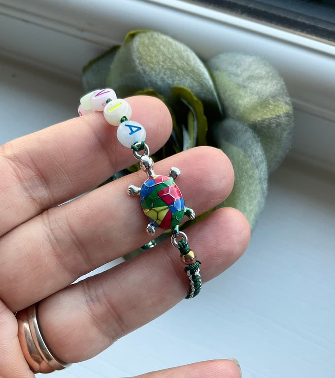 Handmade adorable Tiny Turtle and Olivia name tag bracelet