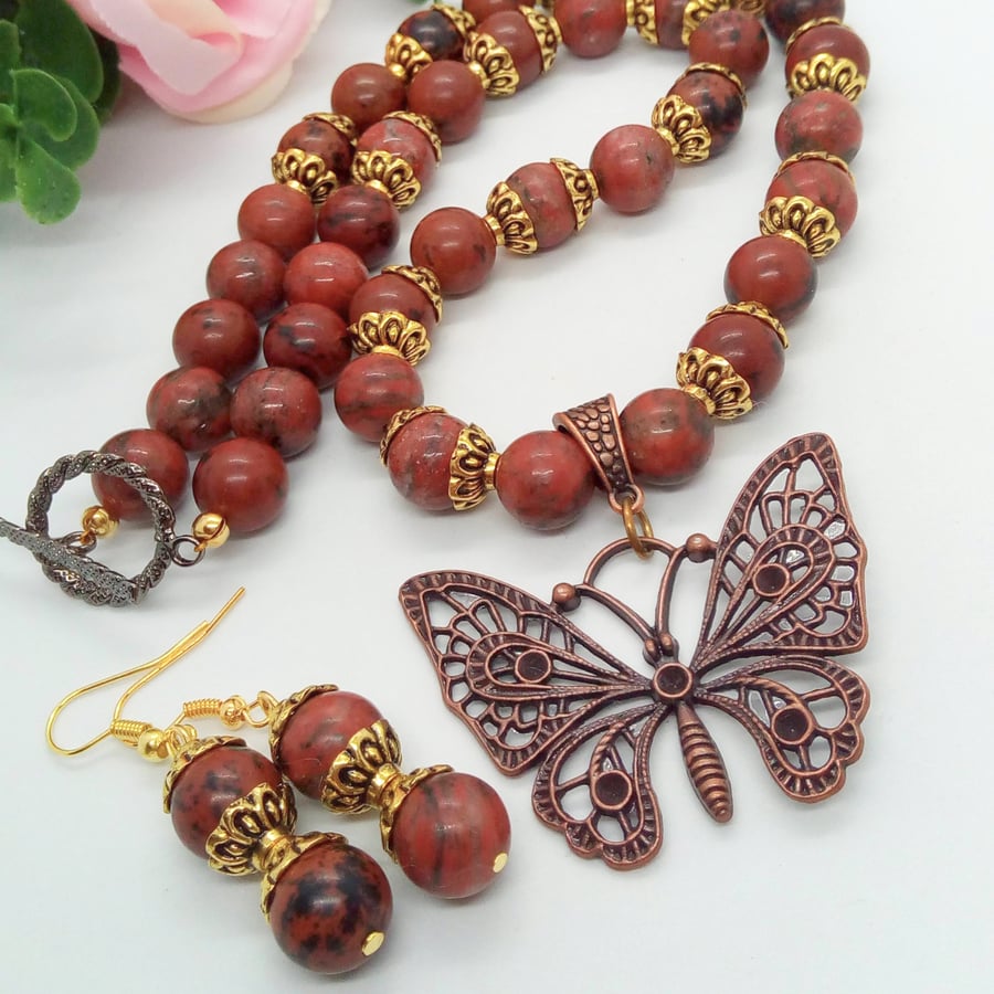 Bronze Butterfly Pendant on a Mahogany Jasper Necklace with Matching Earrings