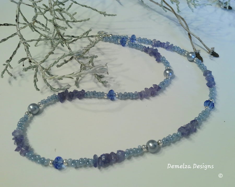 A Grade Tanzanite, Crystal, Shell Pearl, Seed Bead Necklace Silver Plated