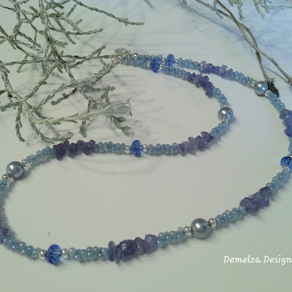 A Grade Tanzanite, Crystal, Shell Pearl, Seed Bead Necklace Silver Plated