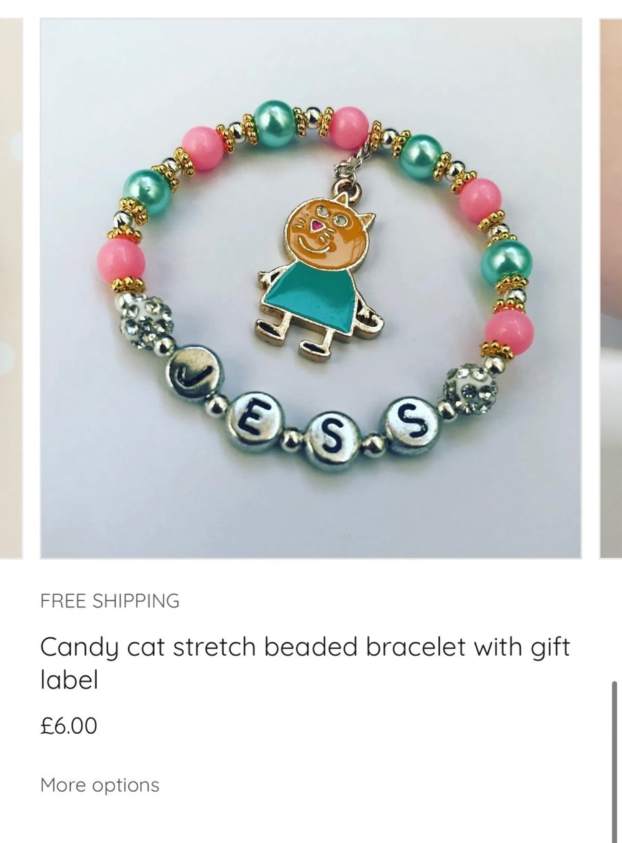 Candy cat stretch beaded shamballa personalised bracelet with gift label 