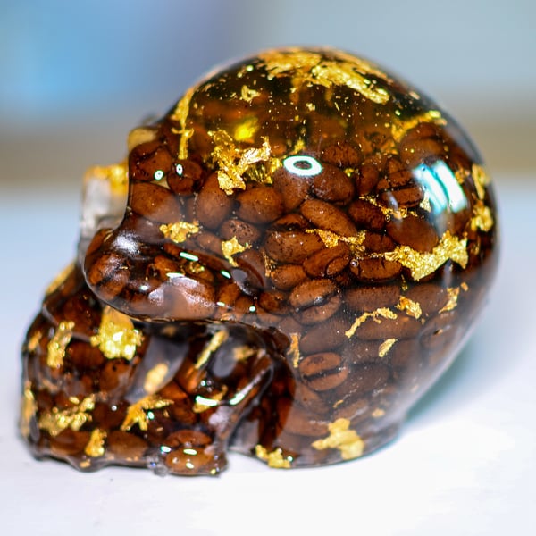 Coffee Lovers Resin Skull Ornament. Dark Roast Coffee Beans with Gold Leaf.