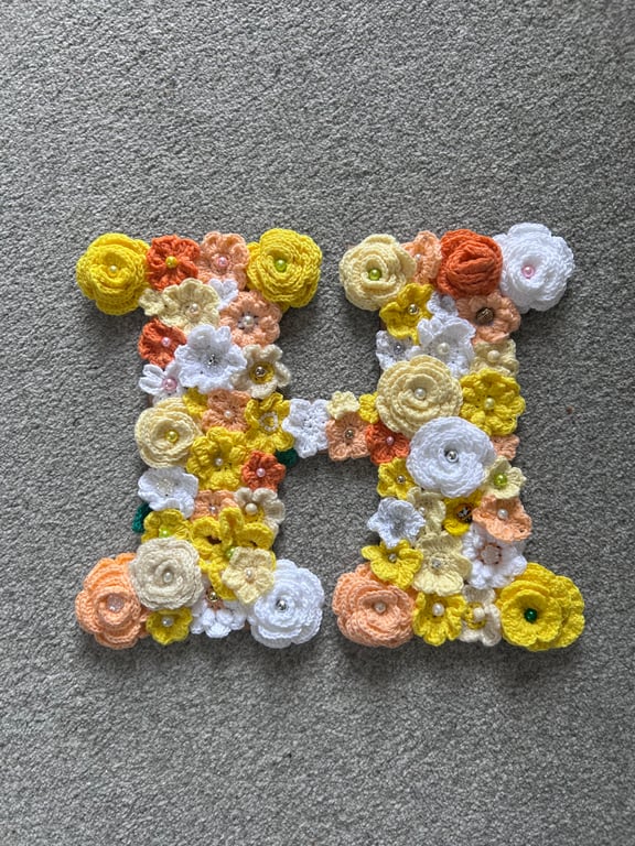Initial H - hand made crochet flowers on plywood on back board