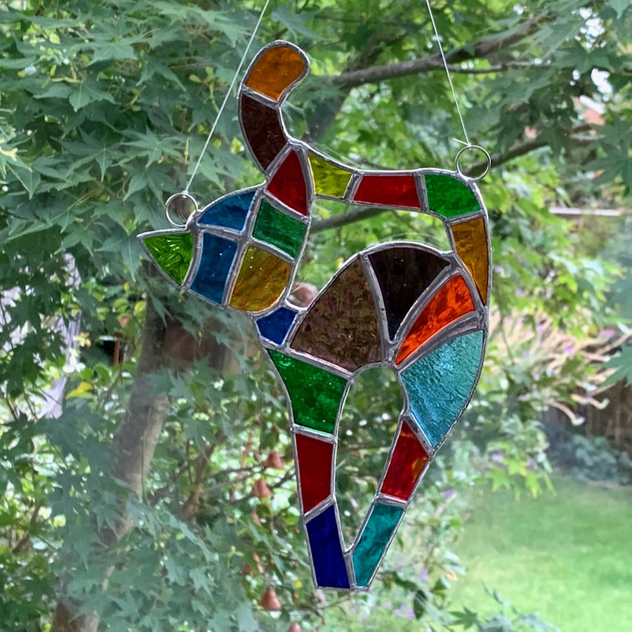 Stained Glass Patchwork Cat Suncatcher - Handmade Hanging Decoration - Multi
