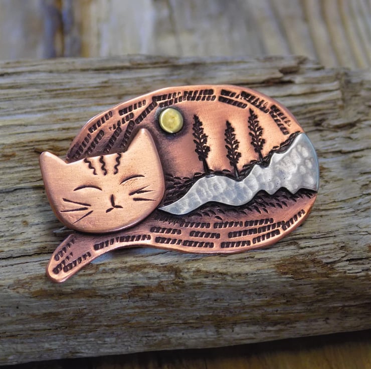Copper, silver and brass 'sleeping cat ' landsc - Folksy