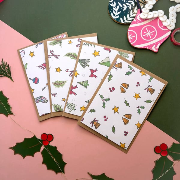 Christmas Pattern Notecard Multipack Set of 4, 8 Blank A6 Cards 