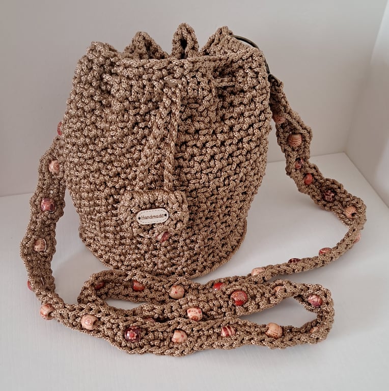 Brown Handmade Crocheted Drawstring Bag