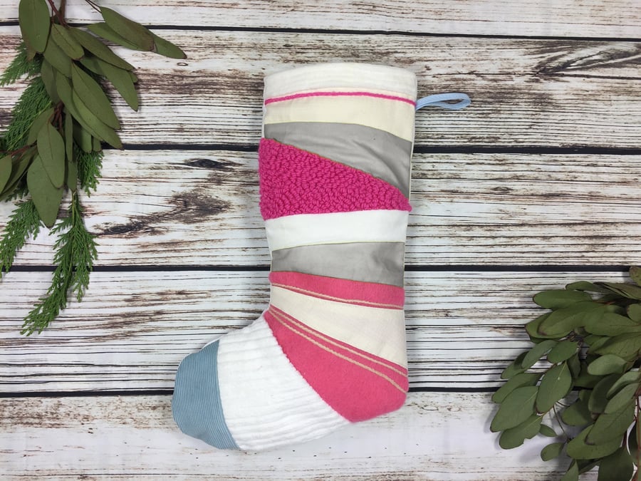 Handmade Christmas Stocking- patchwork, quilted, punch hook. White, blue, grey a