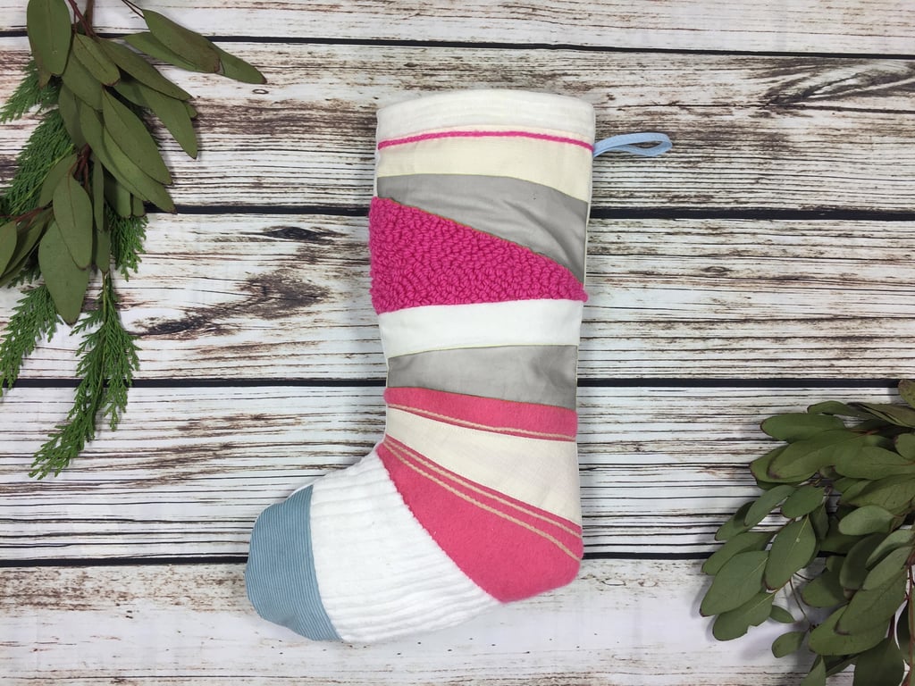 Handmade Christmas Stocking- patchwork, quilted, punch hook. White, blue, grey a