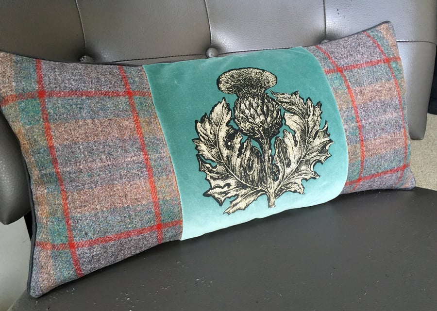 Thistle Bolster Cushion. Velvet and plaid pillow. Free UK P&P. Timorous Beasties