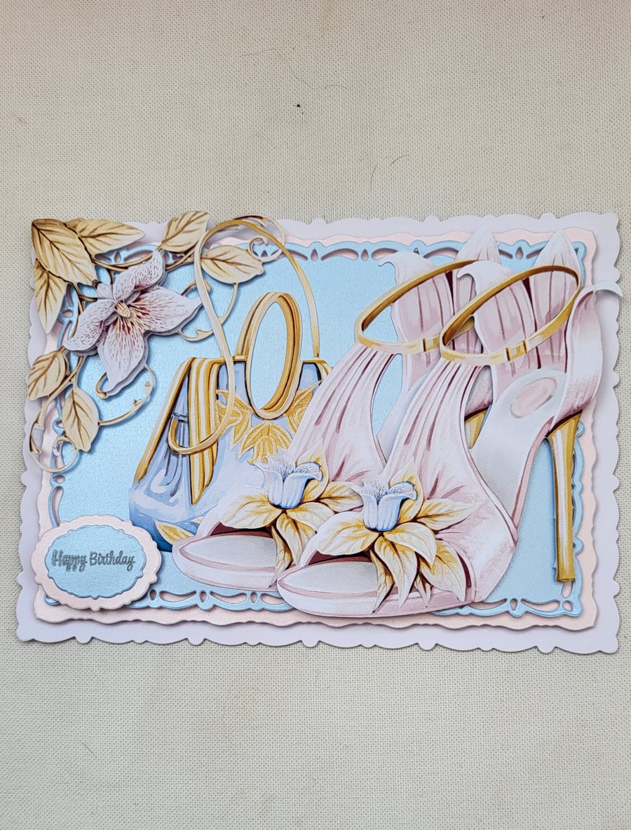 Handmade greeting card,  handbag and shoes. 