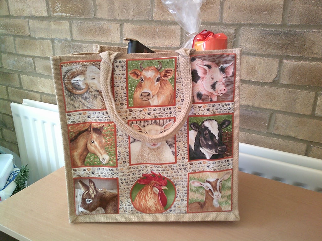 Medium Jute Bag with Farm Animals Pocket