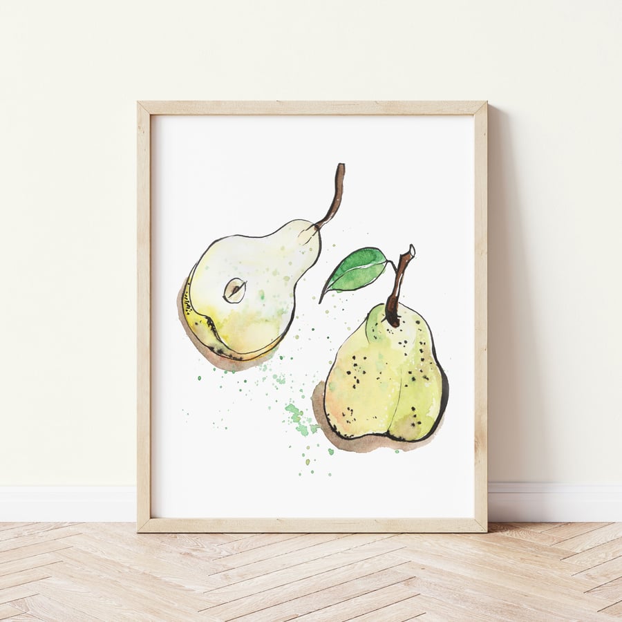 Pears in Watercolour and Ink Art Print, Original Watercolour Painting