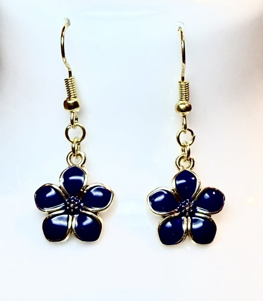 Handmade Blue Flower Pendant Dangle Earrings with 14K Gold