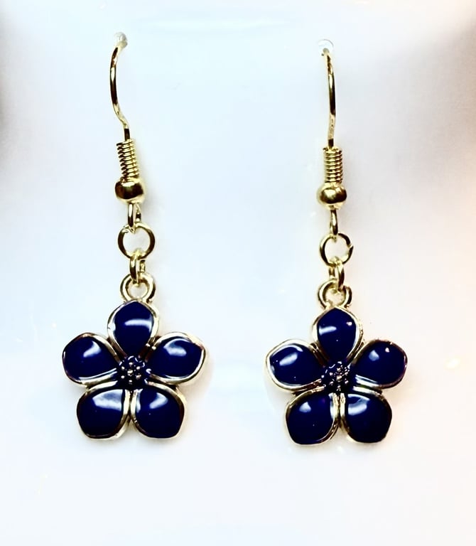 Handmade Blue Flower Pendant Dangle Earrings with 14K Gold