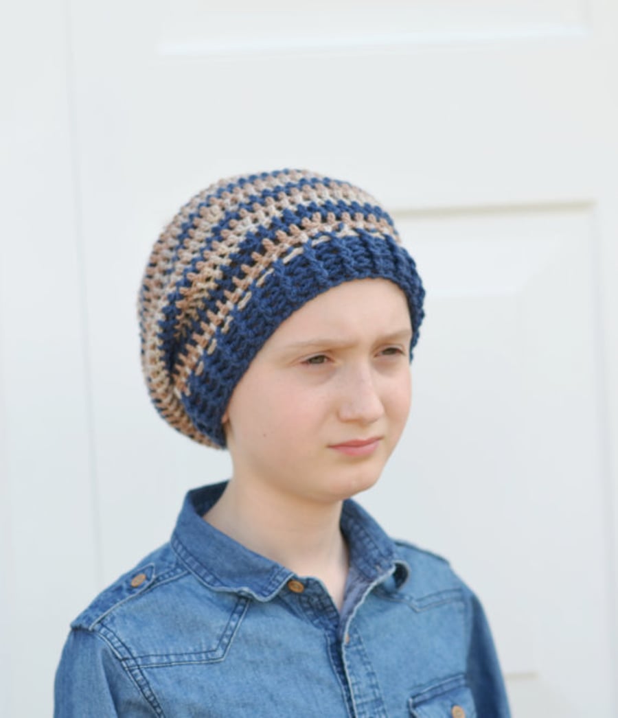Boys Crochet Slouch Stripey Beanie Hat Age 6 Years to 10 Years