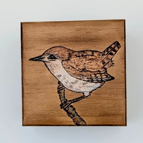 Small wooden box, wren pyrography, ring or trinket box for a bird lover