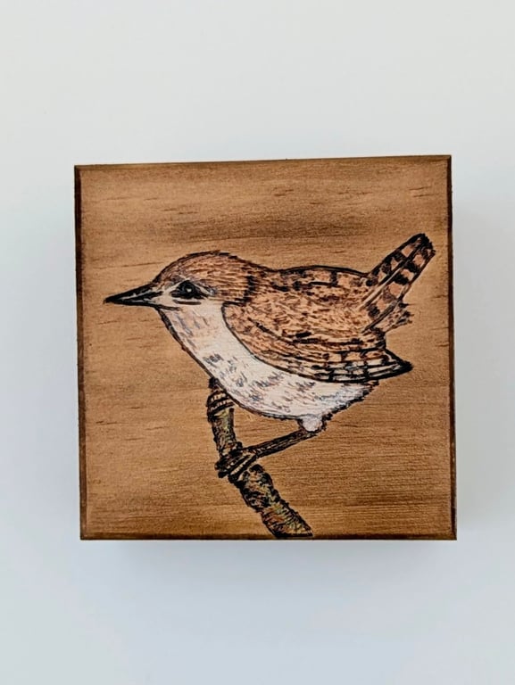 Small wooden box, wren pyrography, ring or trinket box for a bird lover