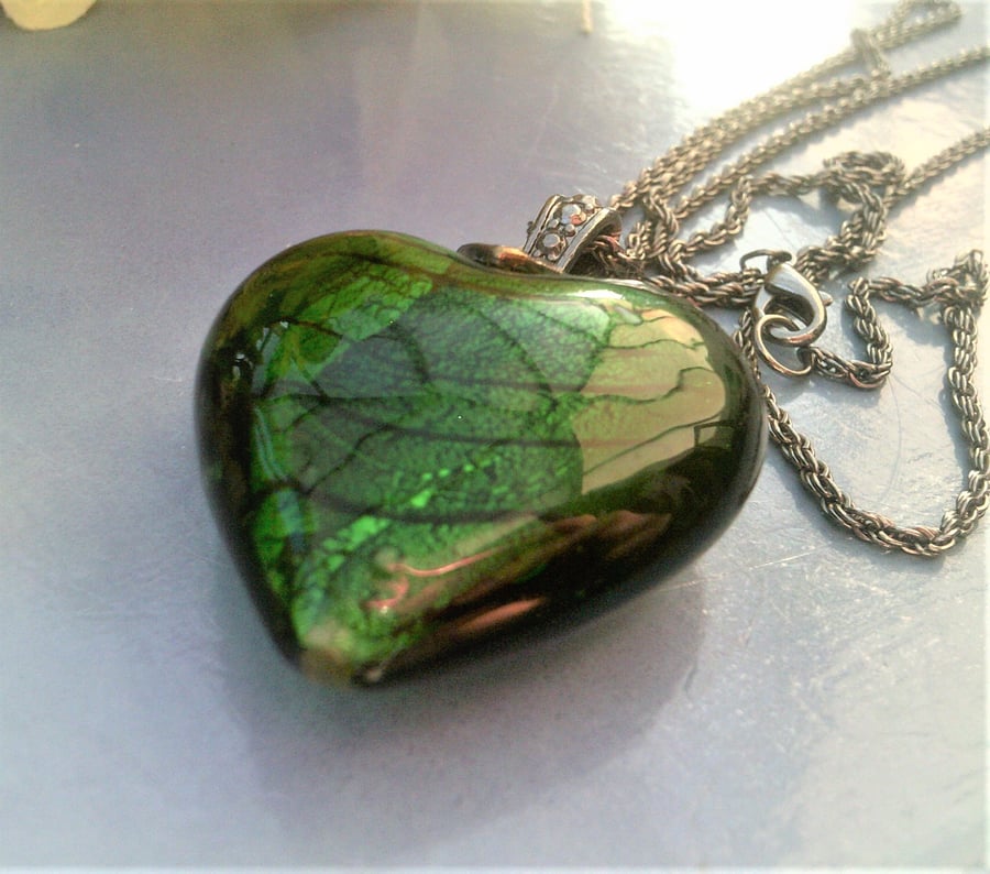 Long Green Heart  Necklace, Large Heart Pendant, Long Gunmetal Chain