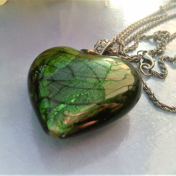Long Green Heart  Necklace, Large Heart Pendant, Long Gunmetal Chain