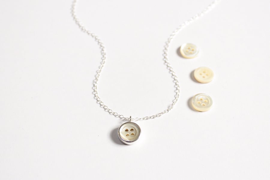 Vintage button necklace, silver necklace, mother of pearl button