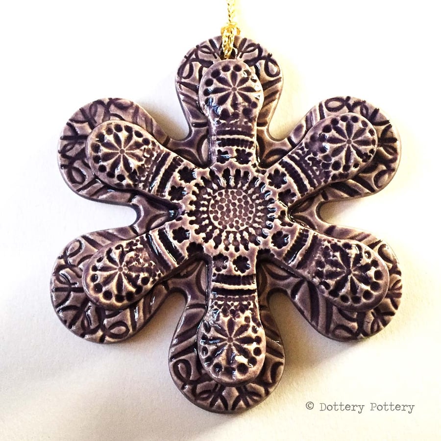 Winter Flower, Pottery decoration flower ceramic snowflake PURPLE