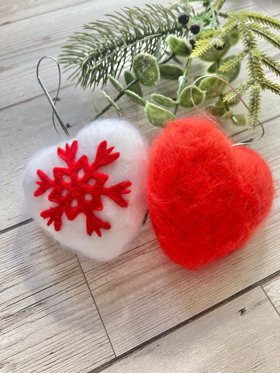 Set of 6 heart shaped Christmas baubles