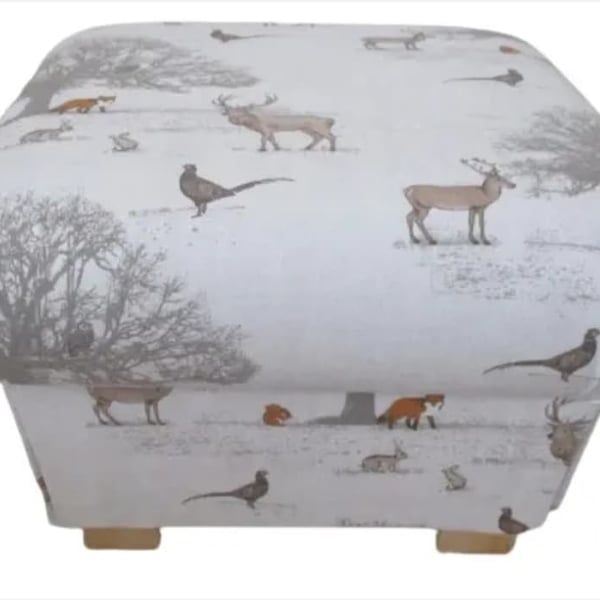 Storage Pouffe Fryetts Tatton Animals Fabric Footstool Foxes Beige Deer Birds