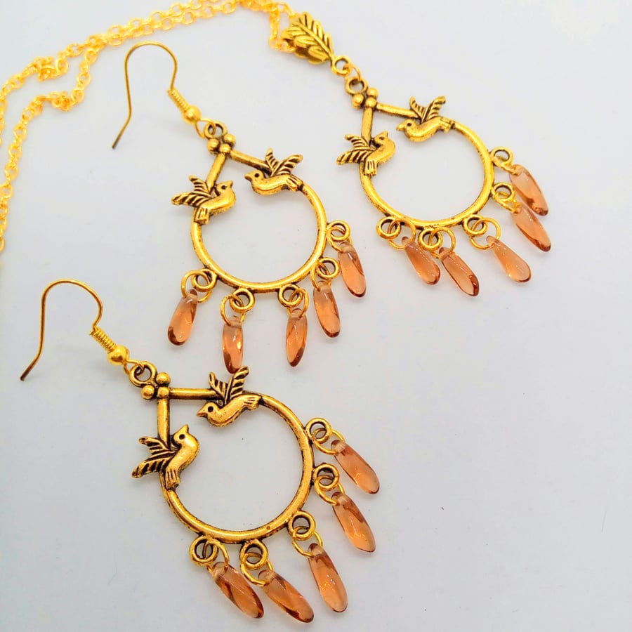 Gold Plated Chandelier Necklace and Earrings Set with Topaz Drop Beads