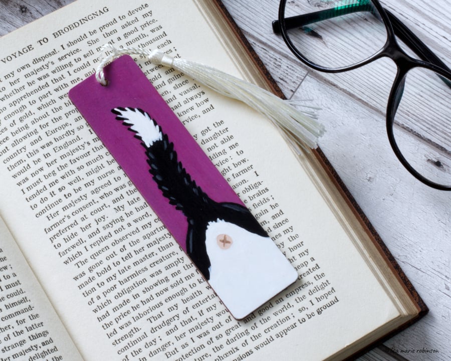 Cat Bum Mini Wooden Bookmarks, Black & White, Hand Painted with Tassel
