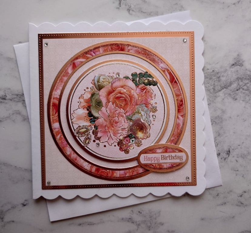 Happy Birthday Vintage Rose Gold Roses 3D Luxury Handmade Card