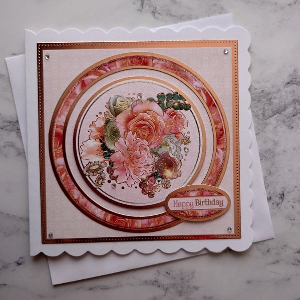Happy Birthday Vintage Rose Gold Roses 3D Luxury Handmade Card