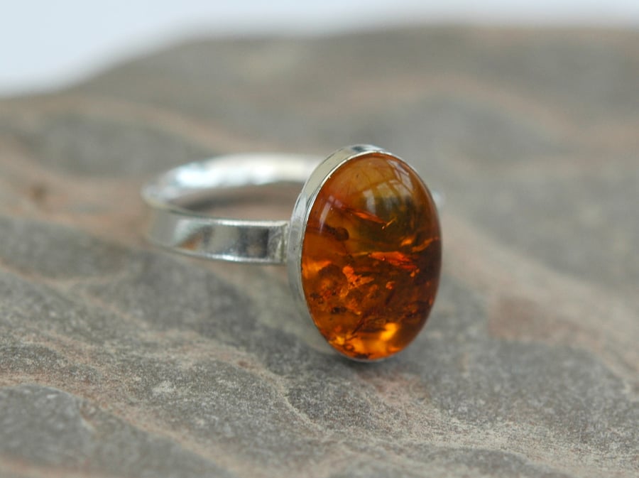 Sterling Silver Ring with Amber,  size O-P,  slight second,  R125