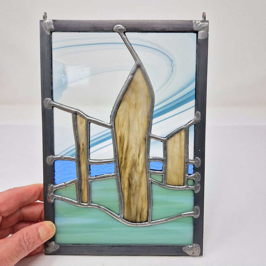 Stained glass 3 standing stones landscape panel.