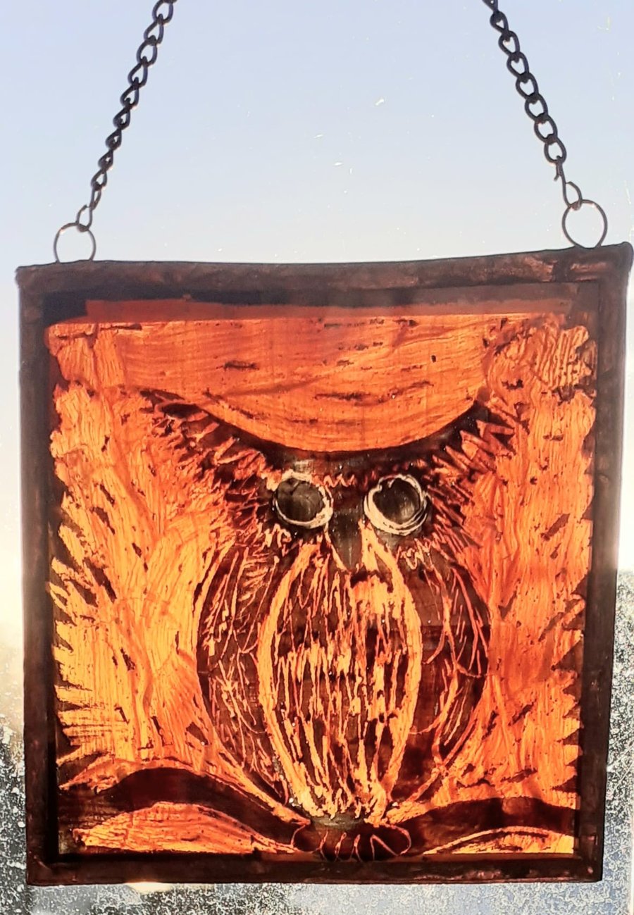 OWL SUNCATCHER  or WALLHANGING 3 x 3". Handpainted Glass.