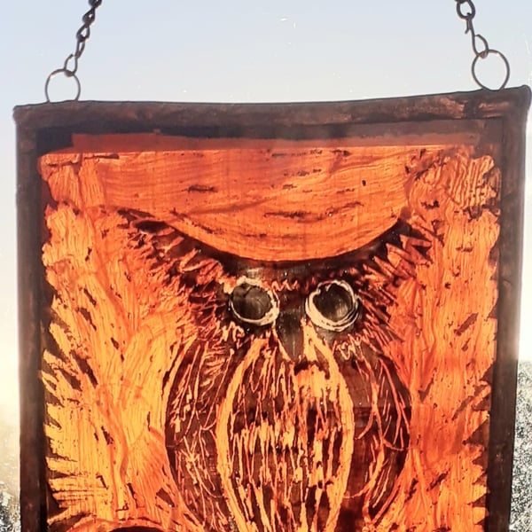 OWL SUNCATCHER  or WALLHANGING 3 x 3". Handpainted Glass.