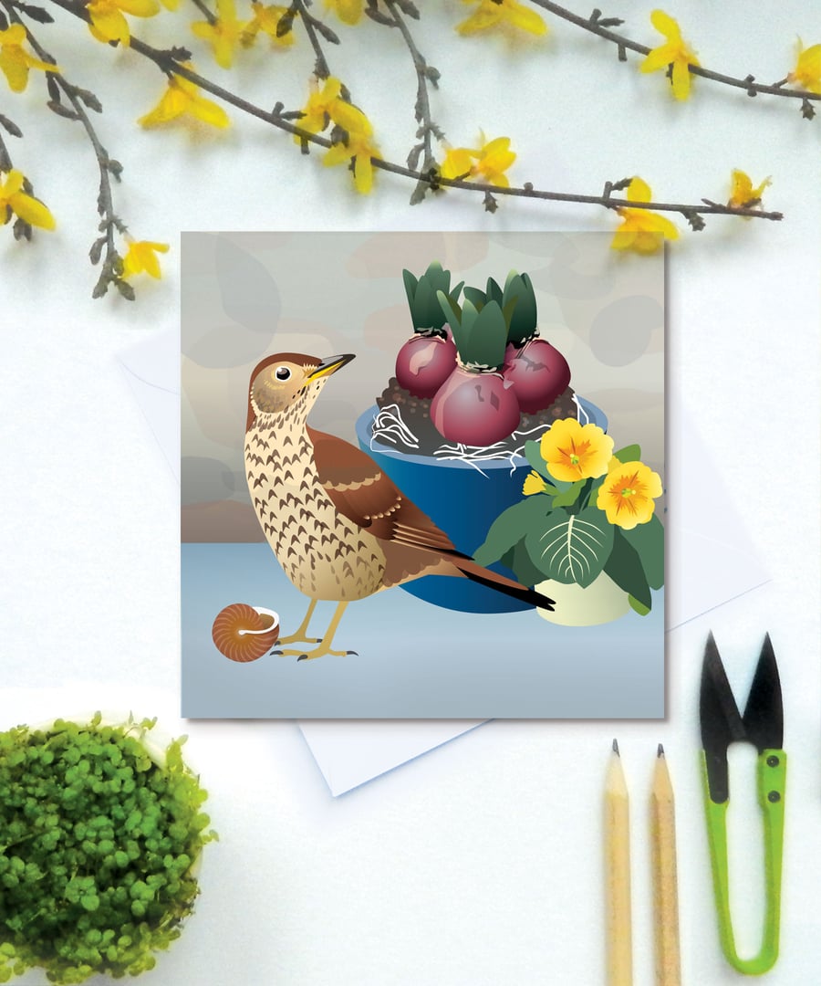 Song Thrush with Primroses Spring Greetings Card - British Bird, Eco Friendly