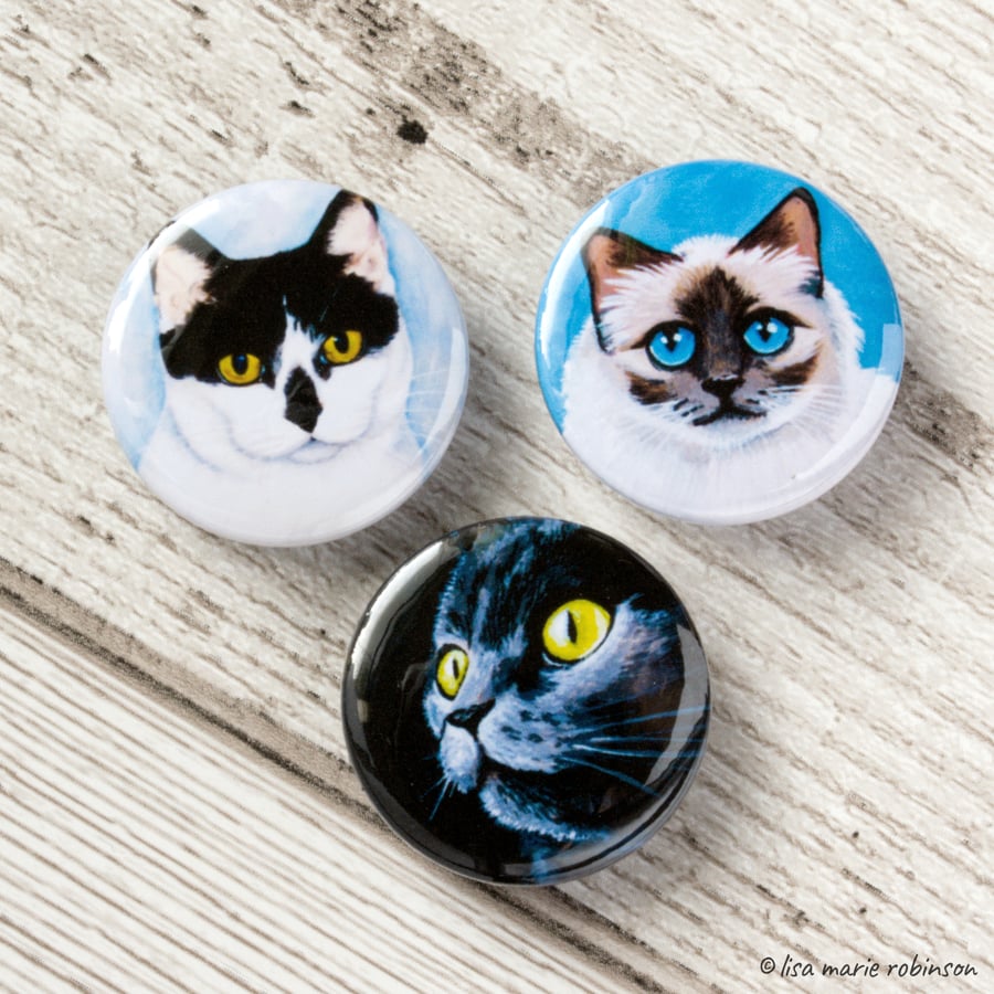 Assorted Cats 25mm Button Badges - Triple Pack