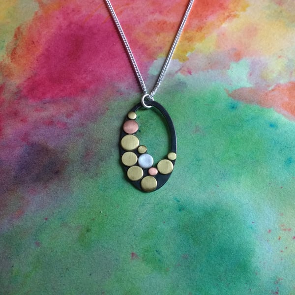 Pebbles Oval Pendant, Copper, Brass & Silver, Sterling Silver Curb Chain