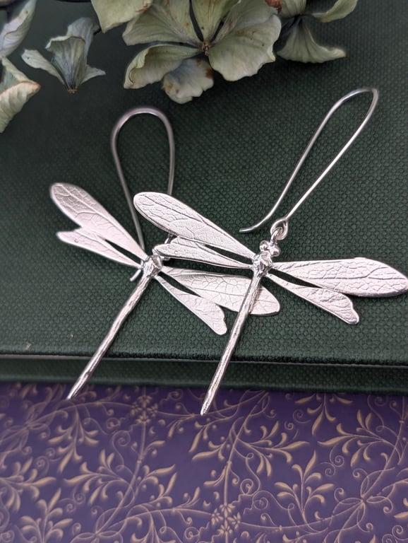 Silver Dragonfly Earrings - Long Drop Dragonfly Earrings - Nature Jewellery