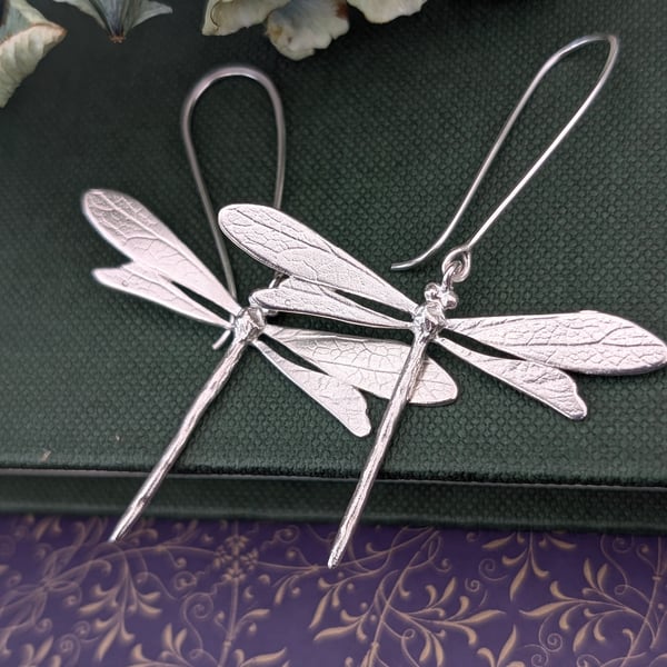 Silver Dragonfly Earrings - Long Drop Dragonfly Earrings - Nature Jewellery