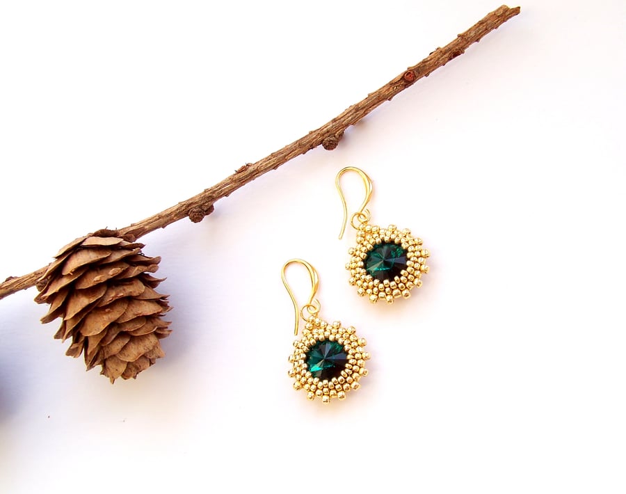 Handmade gold and green swarovski earrings, elegant crystal earrings