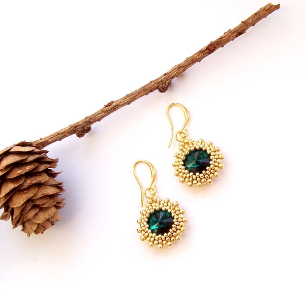 Handmade gold and green swarovski earrings, elegant crystal earrings