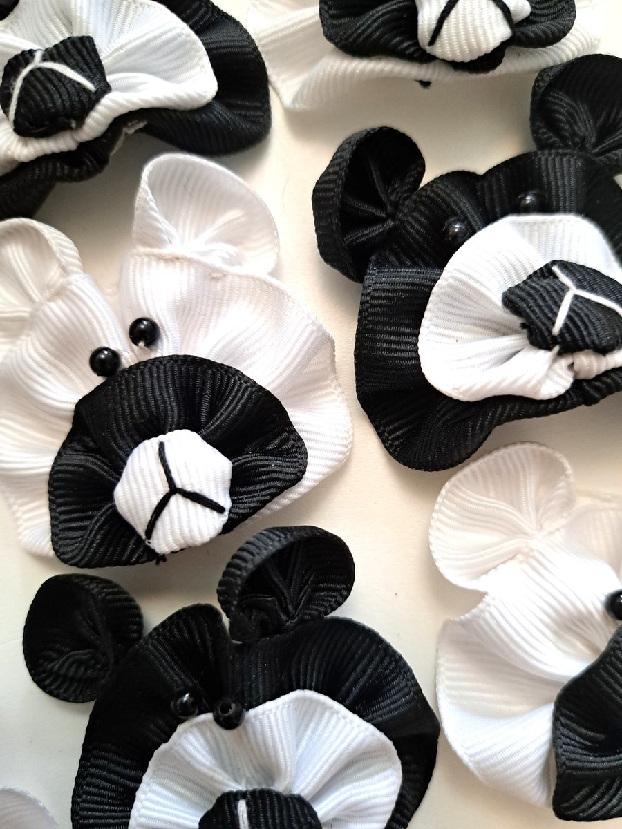 10 Ribbon Bears, black and white, made from grosgrain ribbon