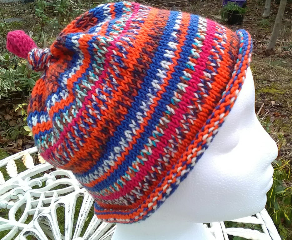 Handknit KNOTTY TOP Merino BEANIE Stripey Jacquard child teen adult small